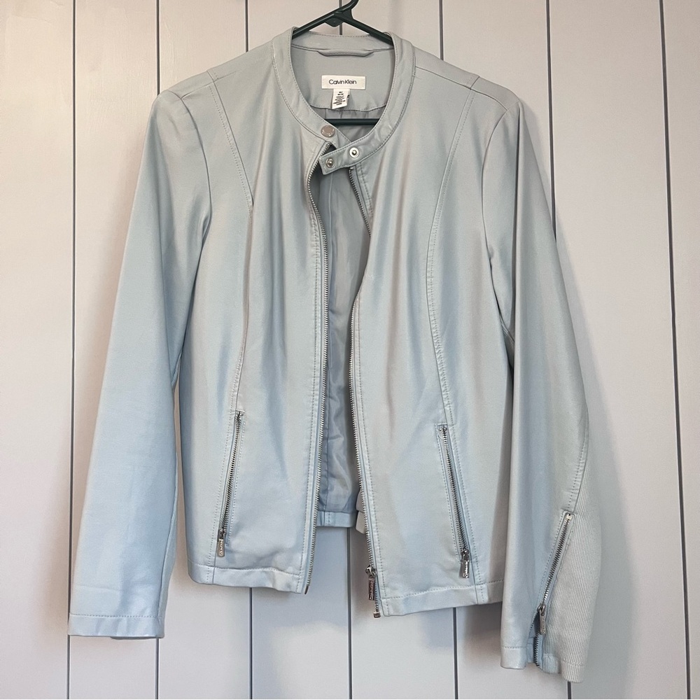 Calvin Klein Women's Light Blue Bomber Leather Jacket - M